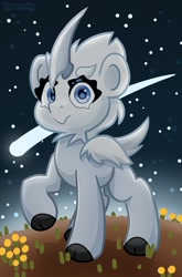 Size: 2544x3850 | Tagged: safe, artist:partypievt, imported from derpibooru, pony, unicorn, beak, eyebrows, flower, fluffy, hooves, horn, looking at you, ponified, rimworld, sharp horn, shooting star, solo, space, stars, thrumbo, unshorn fetlocks