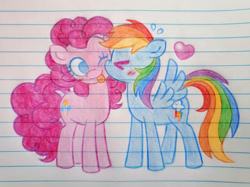 Size: 2435x1824 | Tagged: safe, artist:snackbits, imported from derpibooru, pinkie pie, rainbow dash, earth pony, pegasus, pony, :p, blushing, cheek kiss, cute, dashabetes, diapinkes, duo, duo female, emanata, eyes closed, female, heart, kissing, lesbian, lined paper, mare, no pupils, one eye closed, one wing out, pinkiedash, plewds, shipping, tongue out, traditional art, wings