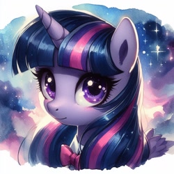 Size: 1024x1024 | Tagged: safe, imported from derpibooru, twilight sparkle, alicorn, ai content, ai generated, bowtie, cute, female, generator:dall-e 3, looking at you, mare, solo, stars, twiabetes, twilight sparkle (alicorn)