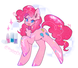 Size: 2048x1789 | Tagged: safe, artist:emoboy130, imported from derpibooru, pinkie pie, earth pony, pony, :3, bandaid, blue eyes, checkered background, chest fluff, colored hooves, colored pinnae, curly mane, curly tail, ear fluff, eyelashes, glitter, glitter pony, long mane, long tail, looking at you, nail polish, open mouth, open smile, pink coat, pink hair, pink hooves, pink mane, pink tail, raised hoof, raised leg, shiny coat, shiny hooves, shrunken pupils, signature, smiling, smiling at you, solo, sparkles, sparkly coat, sparkly mane, sparkly tail, standing, tail