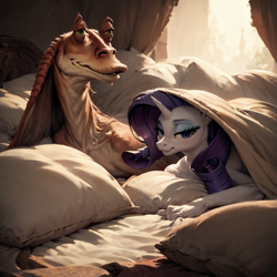 Size: 1024x1024 | Tagged: safe, imported from derpibooru, rarity, anthro, unicorn, ai content, ai generated, bed, bed sheets, crossover, crossover shipping, cursed image, duo, duo male and female, female, forbidden love, horn, implied interspecies, jar jar binks, looking at you, male, pillow, shipping, smiling, smiling at you, star wars