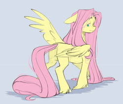 Size: 2048x1735 | Tagged: safe, artist:chub-wub, imported from derpibooru, fluttershy, pegasus, pony, butt, butterscotch, colored, colored sketch, ear fluff, floppy ears, hatching (technique), impossibly long mane, impossibly long tail, lidded eyes, long mane, long tail, looking back, male, not rule 63, one wing out, pink hair, pink mane, plot, requested art, rule 63, shadow, sketch, smiling, solo, stallion, standing, tail, teal eyes, trans fluttershy, trans male, transgender, unshorn fetlocks, wing fluff, wings, yellow coat