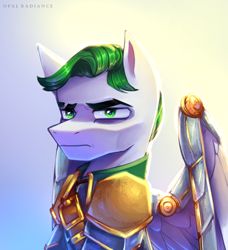 Size: 2734x3000 | Tagged: safe, artist:opal_radiance, imported from derpibooru, oc, oc only, oc:togfort beacon, pegasus, pony, eyebrow slit, eyebrows, frown, gradient background, high res, male, partially open wings, pegasus oc, signature, solo, stallion, wings