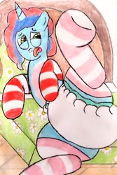 Size: 2143x3205 | Tagged: safe, artist:bitter sweetness, imported from derpibooru, pony, unicorn, abdl, adult foal, bed, clothes, diaper, diaper fetish, female, fetish, g5, horn, implied alphabittle blossomforth, lying down, lying on bed, male, mattress, misty brightdawn, my little pony: a new generation, my little pony: make your mark, my little pony: tell your tale, non-baby in diaper, on bed, open mouth, poofy diaper, socks, solo, striped socks, traditional art