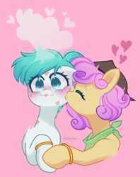 Size: 1540x1941 | Tagged: safe, artist:inkp0ne, imported from derpibooru, oc, oc only, oc:lucid mirage, oc:quickdraw, blushing, commissioner:dhs, cowboy hat, cute, duo, duo female, female, freckles, handkerchief, happy, hat, heart, heart eyes, holding hooves, hoof ring, kiss mark, lesbian, lipstick, love, simple background, smooch, steam, wingding eyes