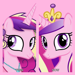 Size: 1080x1080 | Tagged: safe, artist:andoanimalia, artist:anime-equestria, edit, editor:jaredking779, imported from derpibooru, princess cadance, alicorn, pony, crown, ear piercing, earring, female, jewelry, mare, necklace, piercing, pink background, regalia, self paradox, self ponidox, simple background, solo, then and now