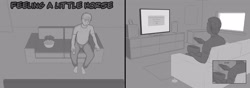 Size: 3228x1141 | Tagged: safe, artist:ivanfromafar, imported from derpibooru, human, comic:feeling a little horse, comic, couch, grayscale, male, monochrome, remote, solo, television