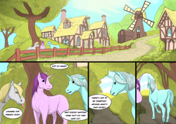 Size: 2283x1614 | Tagged: safe, artist:ivanfromafar, imported from derpibooru, amethyst star, derpy hooves, lyra heartstrings, sparkler, earth pony, pony, unicorn, comic:feeling a little horse, butt, comic, dialogue, female, fence, hoers, horn, mare, path, plot, ponyville, tongue out, windmill, wingless