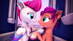 Size: 3840x2160 | Tagged: safe, artist:psfmer, imported from derpibooru, sunny starscout, zipp storm, earth pony, pegasus, pony, 3d, colored wings, duo, duo female, ear piercing, earring, female, g5, g5 to g4, generation leap, heartbeat, high res, hoof on chest, jewelry, lesbian, looking at each other, looking at someone, mare, multicolored wings, my little pony: a new generation, piercing, shipping, source filmmaker, sunnystorm, unshorn fetlocks, wings