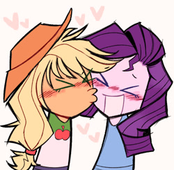 Size: 968x947 | Tagged: safe, artist:wanderingpegasus, imported from derpibooru, applejack, rarity, human, equestria girls, ><, applejack's hat, armless, blushing, cheek kiss, cowboy hat, cute, duo, duo female, eyes closed, female, hairband, hat, heart, jackabetes, kissing, lesbian, my little pony equestria girls: better together, open mouth, raribetes, rarijack, shipping, simple background, white background