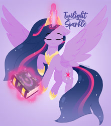 Size: 2665x3009 | Tagged: safe, artist:emyart18, imported from derpibooru, twilight sparkle, alicorn, pony, the last problem, book, crown, female, friendship journal, high res, hoof shoes, jewelry, magic, mare, older, older twilight, older twilight sparkle (alicorn), peytral, princess twilight 2.0, regalia, solo, spread wings, telekinesis, twilight sparkle (alicorn), wings