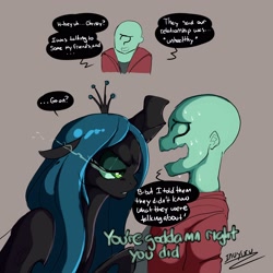 Size: 3000x3000 | Tagged: safe, artist:inuyuru, imported from derpibooru, queen chrysalis, oc, oc:anon, changeling, changeling queen, human, dialogue, duo, duo male and female, female, glowing, glowing eyes, gray background, high res, male, open mouth, simple background, speech bubble, sweat, wavy mouth, yandere