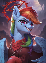 Size: 1024x1408 | Tagged: safe, imported from derpibooru, rainbow dash, pegasus, pony, ai content, ai generated, bust, clothes, devil, fangs, female, generator:pony diffusion v6 xl, generator:stable diffusion, grin, halo, hell, mare, piercing, portrait, prompter:star-dragon, smiling, solo, tattoo, teeth, wings