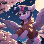 Size: 2048x2048 | Tagged: safe, imported from derpibooru, twilight sparkle, alicorn, pony, ai content, ai generated, artificial intelligence, cherry blossoms, clothes, ear fluff, flower, flower blossom, generator:pony diffusion v6 xl, generator:stable diffusion, hoodie, horn, moon, night, prompter:liladash, solo, spread wings, twilight sparkle (alicorn), wings