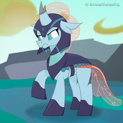 Size: 3000x3000 | Tagged: safe, alternate version, artist:alejandrogmj, imported from derpibooru, ocellus, changedling, changeling, armor, changeling armor, changeling hive, changeling officer, concave belly, older, older ocellus, raised hoof, solo