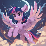 Size: 2048x2048 | Tagged: safe, imported from derpibooru, twilight sparkle, alicorn, ai content, ai generated, artificial intelligence, cloud, crescent moon, ear fluff, generator:pony diffusion v6 xl, generator:stable diffusion, horn, moon, night, on a cloud, prompter:liladash, rearing, solo, spread wings, standing on a cloud, stars, twilight sparkle (alicorn), wing fluff, wings