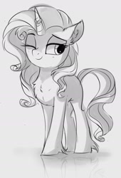 Size: 1042x1528 | Tagged: safe, artist:aureai-sketches, imported from derpibooru, rarity, pony, unicorn, black and white, chest fluff, ear fluff, female, fetlock tuft, grayscale, horn, horn ring, jewelry, mare, monochrome, one eye closed, reflection, ring, simple background, sketch, solo, white background, wink