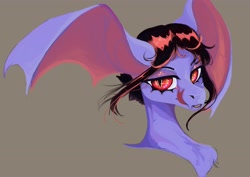 Size: 4096x2892 | Tagged: safe, artist:slimeprints, imported from derpibooru, oc, oc only, oc:evening scour, demon, demon pony, original species, pony, bat wings, bust, fangs, female, forked tongue, gray background, licking, licking lips, mare, redesign, simple background, solo, tongue out, wing ears, wings