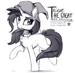 Size: 1036x1006 | Tagged: safe, artist:aureai-sketches, imported from derpibooru, trixie, pony, unicorn, black and white, bow, chest fluff, choker, ear fluff, female, fetlock tuft, grayscale, hat, horn, mare, monochrome, mouth hold, simple background, sketch, solo, tail, tail bow, wand, white background, witch hat