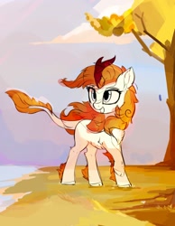 Size: 1548x2000 | Tagged: safe, artist:aureai, imported from derpibooru, autumn blaze, kirin, chest fluff, cloven hooves, female, leonine tail, mare, raised hoof, smiling, solo, tail, tree