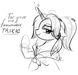 Size: 861x833 | Tagged: safe, artist:aureai-sketches, imported from derpibooru, trixie, pony, unicorn, alternate hairstyle, babysitter trixie, black and white, clothes, female, gameloft, grayscale, hoodie, horn, magic, mare, monochrome, my little pony: magic princess, ponytail, simple background, sketch, solo, white background