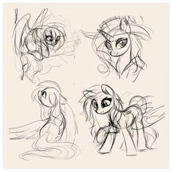 Size: 2332x2332 | Tagged: safe, artist:aureai-sketches, imported from derpibooru, pegasus, pony, unicorn, female, horn, mare, monochrome, sketch