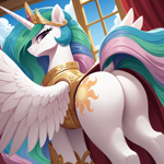 Size: 1536x1536 | Tagged: safe, imported from derpibooru, princess celestia, alicorn, pony, ai content, ai generated, armor, armored pony, bedroom eyes, butt, butt focus, cloud, crown, curtains, dock, featureless crotch, female, generator:bluefox mix, generator:stable diffusion, indoors, jewelry, looking at you, looking back, looking back at you, low angle, mare, plot, praise the sun, prompter:tyto4tme4l, rear view, regalia, sky, smiling, smiling at you, smirk, solo, spread wings, sunbutt, tail, window, wings