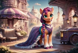 Size: 1216x832 | Tagged: safe, imported from derpibooru, sunny starscout, ai content, ai generated, building, clothes, cloud, dress, ear fluff, g5, generator:autismmix pony, generator:stable diffusion, lamp, prompter:kluknawa235, seat, smiling, streetlight, town, victorian