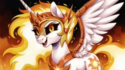 Size: 2560x1440 | Tagged: safe, imported from derpibooru, daybreaker, alicorn, pony, ai content, ai generated, fangs, female, fiery mane, fiery tail, generator:autismmix confetti, looking at you, mare, one wing out, open mouth, prompter:siber, solo, wallpaper, wings