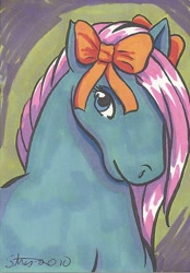 Size: 728x1048 | Tagged: safe, artist:lizstaley, imported from derpibooru, earth pony, pony, bow, bow tie (g1), bust, g1, portrait, solo, traditional art