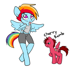 Size: 700x612 | Tagged: safe, artist:technicolor pie, imported from derpibooru, rainbow dash, oc, anthro, pegasus, pony, unguligrade anthro, :p, duo, female, grumpy, missing wing, simple background, tongue out, white background