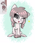 Size: 1400x1700 | Tagged: safe, artist:scandianon, imported from derpibooru, oc, oc only, oc:velveteen, earth pony, pony, blushing, female, filly, foal, looking at you, one eye closed, open mouth, open smile, raised hoof, sitting, smiling, wink, winking at you