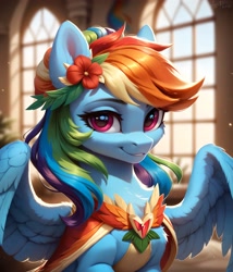 Size: 3224x3760 | Tagged: safe, imported from derpibooru, rainbow dash, pegasus, pony, ai content, ai generated, clothes, dress, ear fluff, female, generator:pony diffusion v6 xl, generator:stable diffusion, looking at you, mare, prompter:midnight dashie, smiling, smiling at you, solo, spread wings, wings
