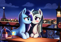 Size: 1216x832 | Tagged: safe, imported from derpibooru, marble pie, minuette, earth pony, pony, unicorn, ai content, ai generated, anonymous prompter, blushing, boop, city, cityscape, cloud, crack shipping, date, dessert, detailed background, duo, duo female, female, food, generator:novelai, generator:stable diffusion, hooves on the table, horn, lesbian, looking at each other, looking at someone, looking into each others eyes, marblegate, mare, night, noseboop, outdoors, romantic, shipping, sky, smiling, smiling at each other, table, tail