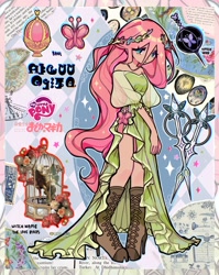 Size: 1627x2048 | Tagged: safe, artist:gochiitears, imported from derpibooru, part of a set, fluttershy, human, abstract background, bird cage, blue eyes, boots, clothes, collage, colored, cutie mark, cutie mark on clothes, detailed, dress, floral head wreath, flower, frown, gown, green dress, high heel boots, humanized, japanese, leather, leather boots, legs together, lidded eyes, light skin, logo, long dress, long hair, magical girl, monster, my little pony logo, no catchlights, no pupils, pink hair, puella magi madoka magica, scissors, see-through sleeves, shiny hair, shoes, signature, slender, solo, soul gem, sparkles, sparkly hair, standing, stars, tallershy, teal eyes, text, thin, wavy hair, weapon, witch, witch seed, zoom layer
