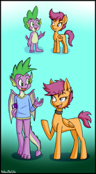 Size: 1810x3269 | Tagged: safe, artist:anibaruthecat, imported from derpibooru, scootaloo, spike, dragon, pegasus, pony, age progression, book, choker, clothes, colored, colored background, dragon wings, ear piercing, eyelashes, female, filly, foal, folded wings, looking at each other, looking at someone, male, older, older spike, open mouth, pegasus wings, piercing, scootaspike, shipping, simple background, spiked choker, straight, sweater, talking, teenage scootaloo, teenage spike, teenager, wings