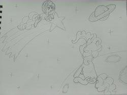 Size: 4032x3016 | Tagged: safe, artist:jakusi, pinkie pie, earth pony, astronaut pinkie, crater, duality, female, happy, looking up, mare, moon, planet, saturn, shooting star, sketch, space, space helmet, stars, tangible heavenly object, traditional art