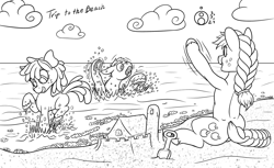 Size: 1200x733 | Tagged: safe, artist:sepiakeys, imported from derpibooru, apple bloom, applejack, big macintosh, pony, beach, brother and sister, female, filly, foal, lineart, male, mare, monochrome, panic, playing, sandcastle, siblings, sisters, stallion