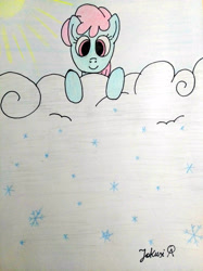 Size: 3016x4032 | Tagged: safe, artist:jakusi, snow shower, pegasus, cloud, female, happy, looking at you, looking down, looking down at you, mare, signature, snow, snowfall, snowflake, solo, sun, traditional art