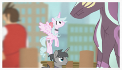 Size: 1946x1125 | Tagged: safe, artist:equestriaexploration, imported from derpibooru, oc, oc only, oc:meadow step, alicorn, pony, bow, elements of justice, female, flying, hair bow, male, mare, stallion