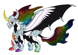 Size: 1414x1000 | Tagged: safe, artist:zetikoopa, imported from derpibooru, oc, oc only, oc:rainbow of infinity, dragon, horse, hybrid, concave belly, crystal, ethereal mane, ethereal tail, galaxy mane, galaxy tail, large wings, simple background, solo, tail, transparent background, wings