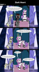 Size: 1920x3516 | Tagged: safe, artist:platinumdrop, imported from derpibooru, derpy hooves, king sombra, princess flurry heart, alicorn, pegasus, pony, unicorn, comic:dark heart, 3 panel comic, abuse, alternate timeline, armor, bound wings, chains, collar, comic, commission, confused, crystal, crystal castle, crystal empire, dark crystal, derpybuse, dialogue, evil flurry heart, female, flurrybra, folded wings, glowing, glowing horn, horn, husband and wife, indoors, looking at each other, looking at someone, magic, magic aura, male, mare, older, older derpy hooves, older flurry heart, raised hoof, sad, shipping, slave, slave collar, smiling, smug, smug smile, speech bubble, spiked collar, spiked wristband, stallion, straight, this will not end well, throne, throne room, up to no good, victorious villain, walking, wall of tags, wing cuffs, wings, wristband