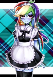 Size: 1534x2198 | Tagged: safe, artist:pulse, imported from derpibooru, rainbow dash, human, equestria girls, arm behind back, clothes, dress, embarrassed, eye clipping through hair, female, gritted teeth, looking at you, maid, plaid background, rainbow dash always dresses in style, rainbow maid, socks, solo, sweat, sweatdrop, teeth, thigh highs, zettai ryouiki
