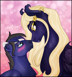 Size: 3543x3814 | Tagged: safe, artist:loopina, imported from derpibooru, oc, oc only, oc:boreal wave, oc:shazinéa, bat pony, pegasus, saddle arabian, abstract background, blushing, boop, couple, cute, duo, duo male and female, female, gift art, height difference, high res, jewel, love, male, mare, oc x oc, princess, romantic, shipping, stallion, stars, straight