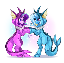 Size: 3000x2980 | Tagged: safe, artist:buvanybu, imported from derpibooru, starlight glimmer, trixie, pony, unicorn, vaporeon, clothes, cosplay, costume, duo, duo female, female, horn, looking at each other, looking at someone, mare, pokémon, rearing, shiny pokémon