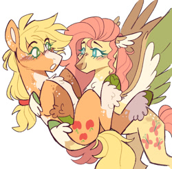 Size: 968x947 | Tagged: safe, artist:wanderingpegasus, imported from derpibooru, applejack, fluttershy, pegasus, pony, alternate design, appleshy, blaze (coat marking), blushing, coat markings, colored ears, colored eyelashes, colored wings, duo, duo female, facial markings, female, hairband, holding, lesbian, looking at each other, looking at someone, mare, pale belly, shipping, simple background, smiling, unshorn fetlocks, white background, white pupils, wings