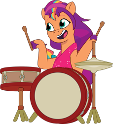 Size: 1441x1573 | Tagged: safe, artist:prixy05, imported from derpibooru, sunny starscout, earth pony, pony, clothes, dress, drum kit, drums, drumsticks, female, g5, mane stripe sunny, mare, musical instrument, my little pony: tell your tale, simple background, solo, transparent background, vector