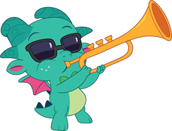 Size: 1207x920 | Tagged: safe, artist:prixy05, imported from derpibooru, dragon, baby, baby dragon, bowtie, g5, male, musical instrument, my little pony: tell your tale, simple background, solo, sparky sparkeroni, sunglasses, transparent background, trumpet, vector