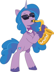 Size: 1457x1932 | Tagged: safe, artist:prixy05, imported from derpibooru, izzy moonbow, pony, unicorn, bipedal, bowtie, female, g5, horn, mare, musical instrument, my little pony: tell your tale, saxophone, simple background, solo, sunglasses, transparent background, vector