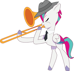 Size: 1676x1599 | Tagged: safe, artist:prixy05, imported from derpibooru, zipp storm, pegasus, pony, bipedal, eyes closed, fedora, female, g5, hat, mare, musical instrument, my little pony: tell your tale, necktie, simple background, solo, transparent background, trombone, vector